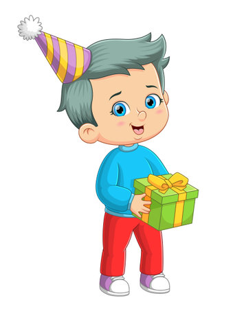 The cute boy is having a surprise gift for someone in birthday party of illustrationのイラスト素材