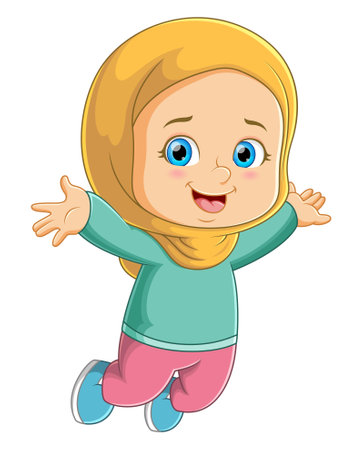 The cute girl is jumping with the excited expression of illustrationのイラスト素材
