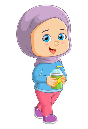 The young girl is holding the cup of milk shake in the scorching heat of illustrationのイラスト素材