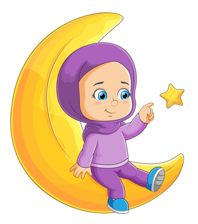 The sleepy girl is sitting on the yellow moon and touching the bright star of illustrationのイラスト素材