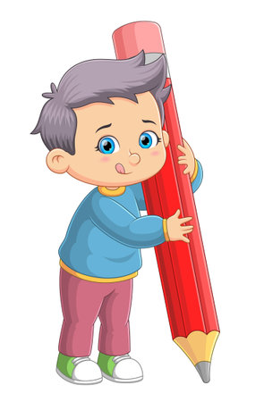 The happy student boy is holding the big pencil of illustrationのイラスト素材