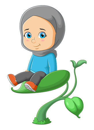 The cute girl is sitting on the big leaf and posing with the happy expression of illustrationのイラスト素材