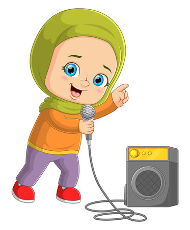The moslem girl sings a song with the mic beside the big speaker of illustrationのイラスト素材