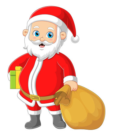 The Santa claus is carrying a gift and big sack while posing cutely of illustrationのイラスト素材