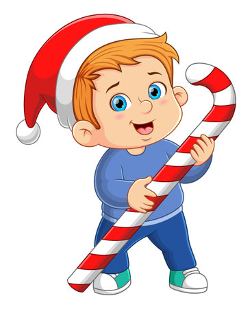 The happy boy is holding the big candy cane from the santa gift of illustrationのイラスト素材