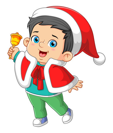 The happy boy is wearing the Santa robe and ringing the christmas bell of illustrationのイラスト素材