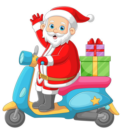 Santa claus riding motorcycle and delivery christmas giftのイラスト素材