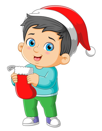 The happy boy is holding and hanging the big sock for the christmas gift of illustrationのイラスト素材