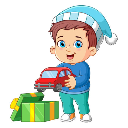 The boy is having a new car toy from the santa gift of illustrationのイラスト素材