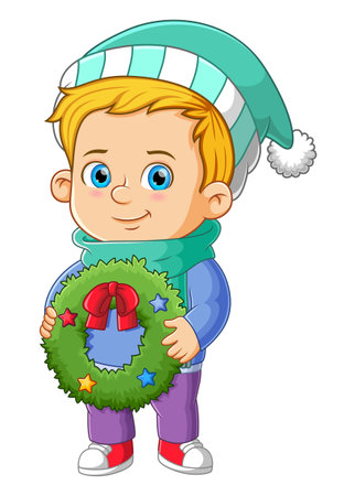 The cute boy is preparing for putting the christmas wreath on the door of illustrationのイラスト素材