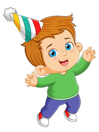 The happy boy is dancing and greeting to anyone in the new year party of illustrationのイラスト素材