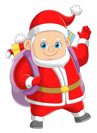 The happy big santa claus is bringing the gift bag for sharing to the house of illustrationのイラスト素材