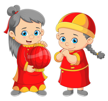 Chinese kids celebrating Chinese New Years of illustrationのイラスト素材