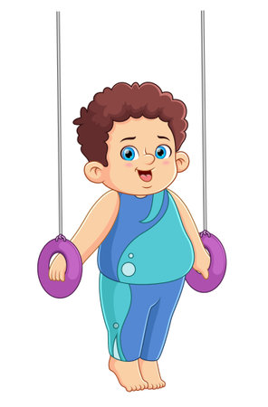 Happy cartoon fat boy hanging on gymnastic rings of illustrationのイラスト素材