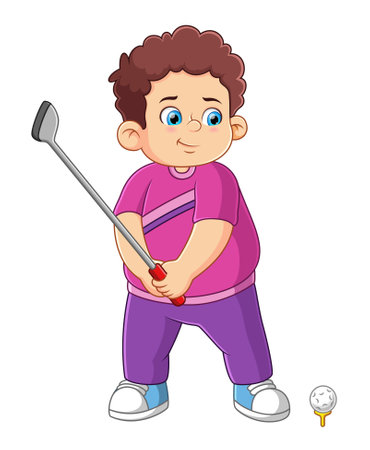 Cartoon cute fat boy playing golf of illustrationのイラスト素材