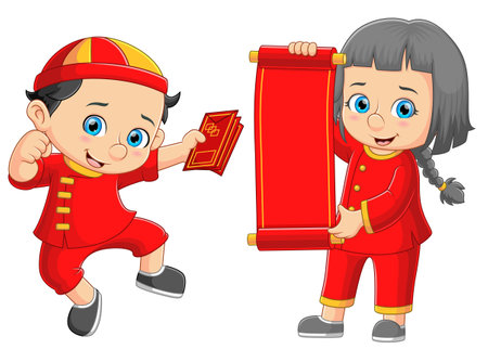 Young couple celebrating Chinese New Years of illustrationのイラスト素材