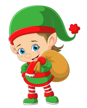 Cartoon green elf with sack of illustrationのイラスト素材