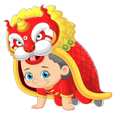 A Chinese boy dancing a Lion dance of illustrationのイラスト素材