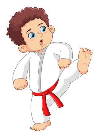 Young boy training karate in action of illustrationのイラスト素材