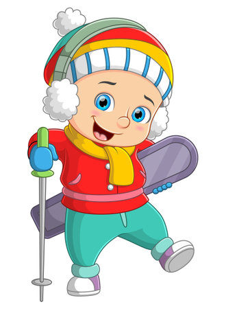 Young skier wearing scarf in winter sport and entertainment of illustrationのイラスト素材