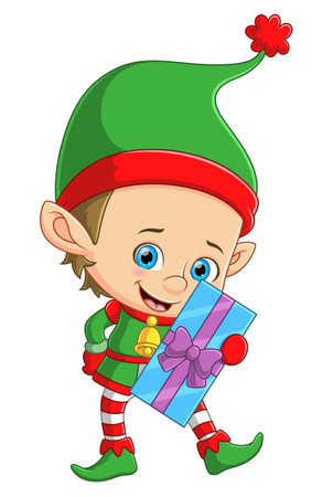 Cute elf boy holding a big gift of illustrationのイラスト素材