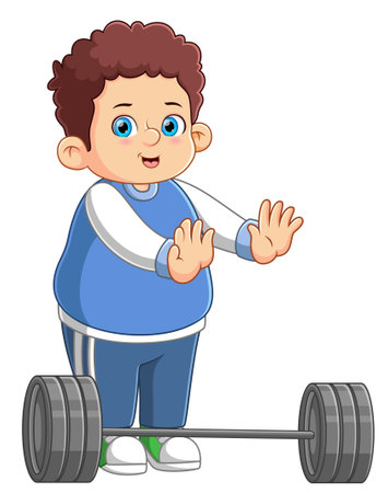 A boy ready to action with a barbell in gym of illustrationのイラスト素材
