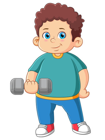 A fat boy holding dumbbell of illustrationのイラスト素材
