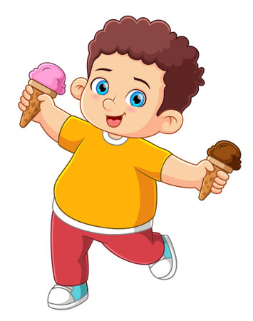 Cute boy holding two ice cream of illustrationのイラスト素材