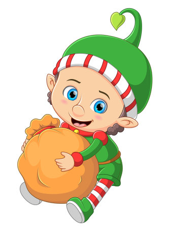 Cartoon christmas elf hugging a sack of gifts of illustrationのイラスト素材