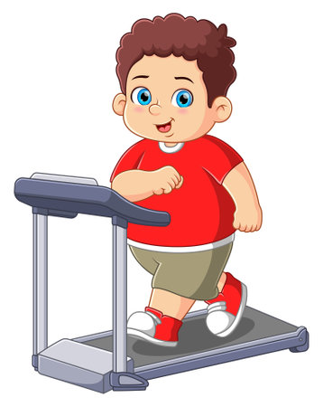 A boy running on a treadmill in gym of illustrationのイラスト素材