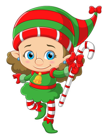 Cute elf girl carrying candy cane of illustrationのイラスト素材
