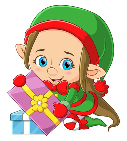 Cute elf girl holding a big gift of illustrationのイラスト素材