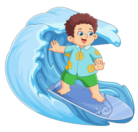A Fat boy surfing on a big wave of illustrationのイラスト素材