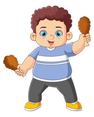 Cute boy holding two fried chicken of illustrationのイラスト素材