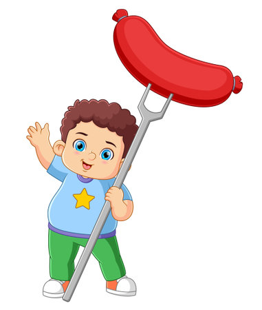 Cute boy holding fork and a big sausage of illustrationのイラスト素材