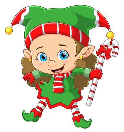 Happy elf girl carrying big candy cane of illustrationのイラスト素材