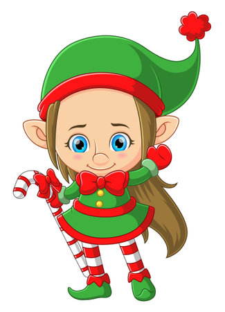 Cute elf girl holding a big candy cane of illustrationのイラスト素材