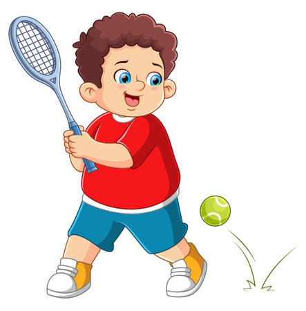 Young boy playing tennis with a racket of illustrationのイラスト素材