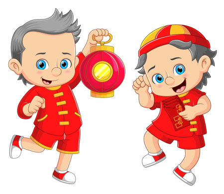 Two kids celebrating Chinese New Years of illustrationのイラスト素材