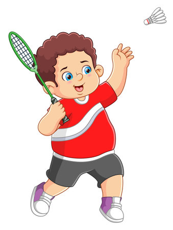 Fat boy playing badminton with the racket in action of illustrationのイラスト素材
