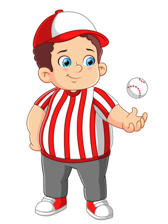 Happy young boy dressed in red baseball uniform and holding ball of illustrationのイラスト素材