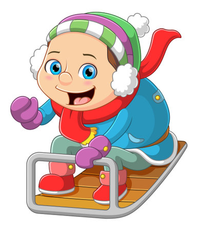 A boy ridding a sledge in winter season of illustrationのイラスト素材