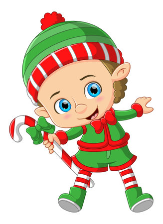 Cartoon christmas elf carrying big a candy cane of illustrationのイラスト素材