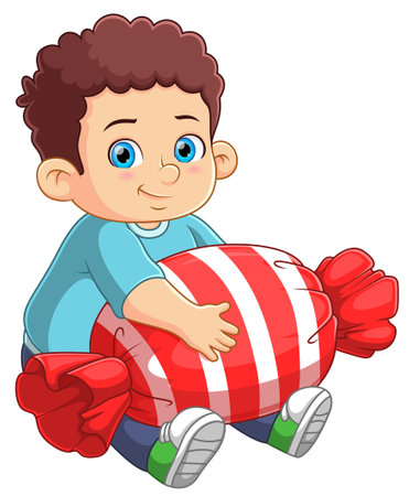 Cute boy sitting and holding a big candy of illustrationのイラスト素材