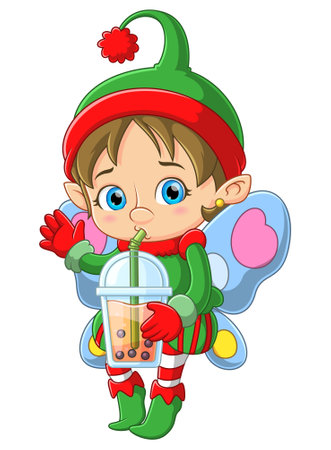 Cute elf holding and drinking bubble milk tea of illustrationのイラスト素材