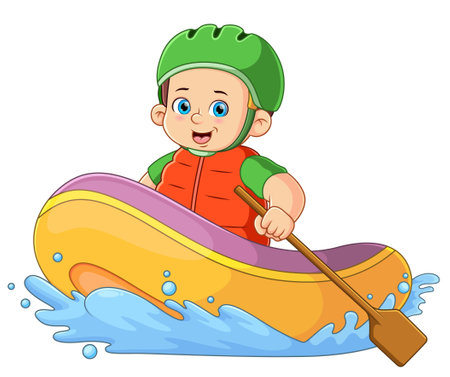 A boy rafting adventure using safety helmet and holding paddle of illustrationのイラスト素材