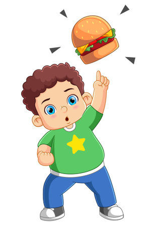 Cute boy with good posing and pointing a big hamburger of illustrationのイラスト素材