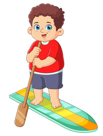 Active young boy paddle boarding in lake of illustrationのイラスト素材