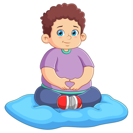Cute boy practicing yoga meditation sitting in lotus pose of illustrationのイラスト素材