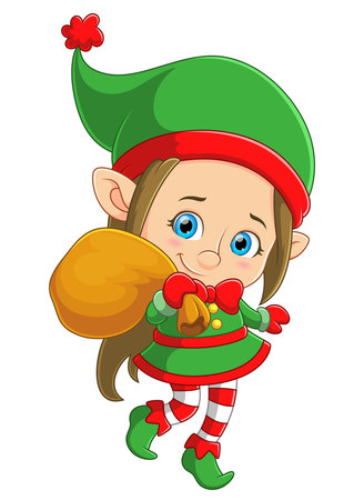Cute elf girl holding a big sack gift of illustrationのイラスト素材